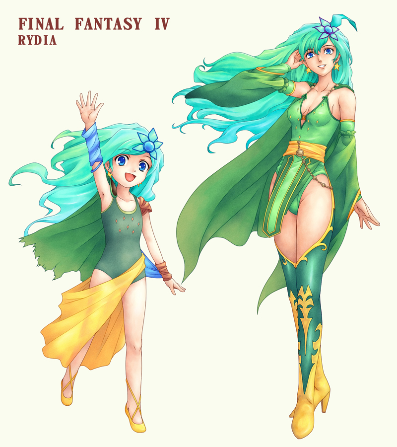 aqua_hair, armpits, blue_eyes, breasts, cape, character_name, child, cleavage, dual_persona, final_fantasy, final_fantasy_iv, flat_chest, green_hair, hair_ornament, high_heels, leotard, long_hair, medacreate, rydia, satoshi_(artist), shoes, time_paradox, title_drop, young