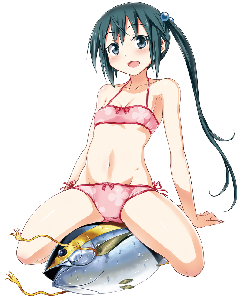 1girl, bikini, black_eyes, black_hair, character_request, fish, masamurai, original, sitting, solo, swimsuit, taikai_no_senshi_tunaman, tuna, twintails, wariza
