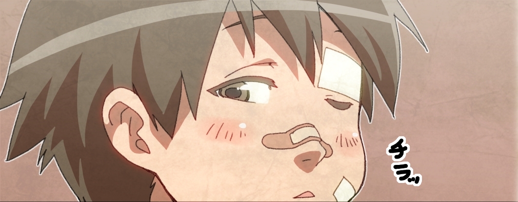 1boy, :<, bad_id, blush, brown_eyes, brown_hair, male_focus, maru_(314)
