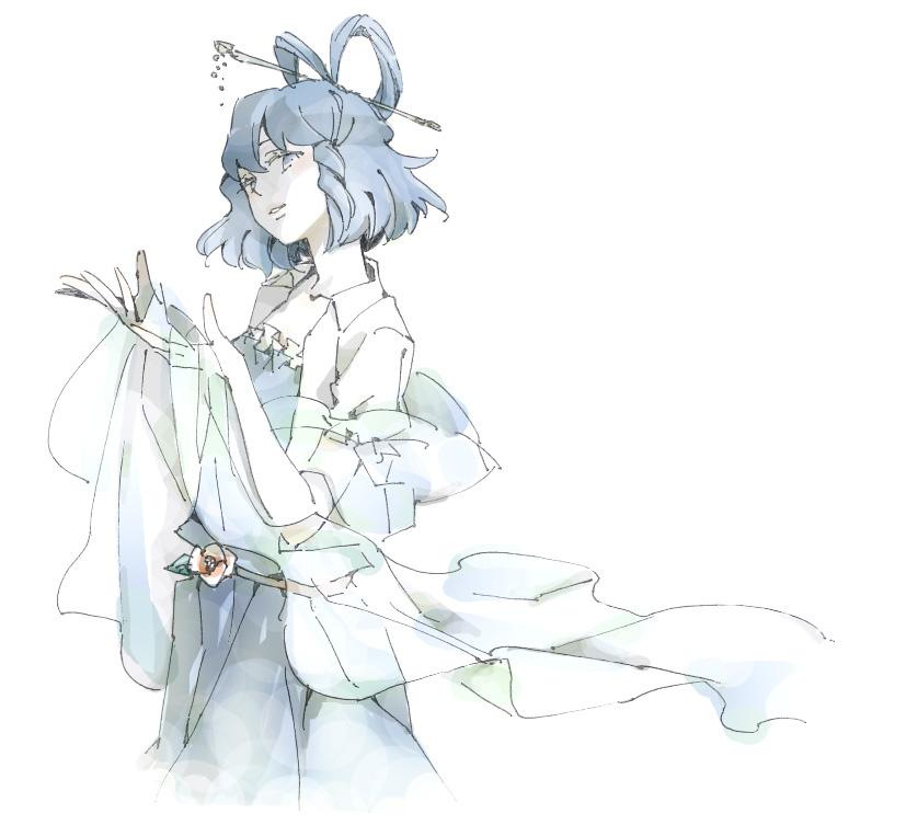 1girl, arms_up, asahi_(uwa), asasui, blue_dress, blue_eyes, blue_hair, dress, female, flower, hair_ornament, hair_rings, hair_stick, hairpin, japanese_clothes, kaku_seiga, looking_at_viewer, shawl, simple_background, solo, touhou, white_background, wind