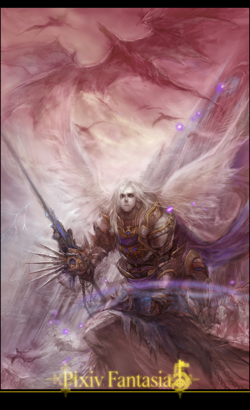 1boy, absurdres, angel_wings, architecture, armor, blue_eyes, border, building, chains, chang, clock, clock_tower, dragon, fantasy, full_armor, highres, long_hair, magic, magic_circle, male_focus, pixiv_fantasia, pixiv_fantasia_5, silver_hair, solo, spikes, tower, weapon, white_wings, wings