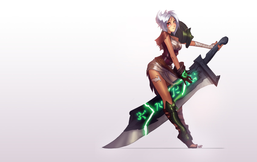 1girl, bandage, belt, blush, boots, breasts, gauntlets, gloves