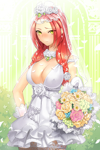 1girl, blush, bouquet, braid, breasts, bridal_veil, choker, cleavage