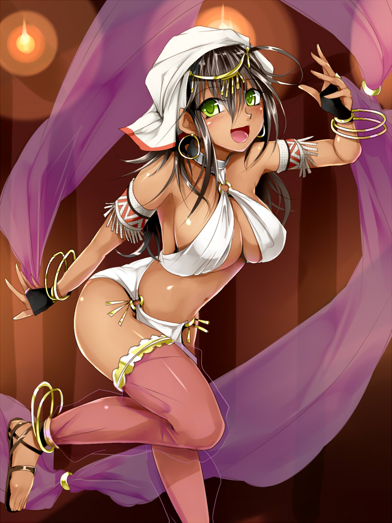 1girl, anklet, armlet, bangle, barefoot, bracelet, breasts, cleavage