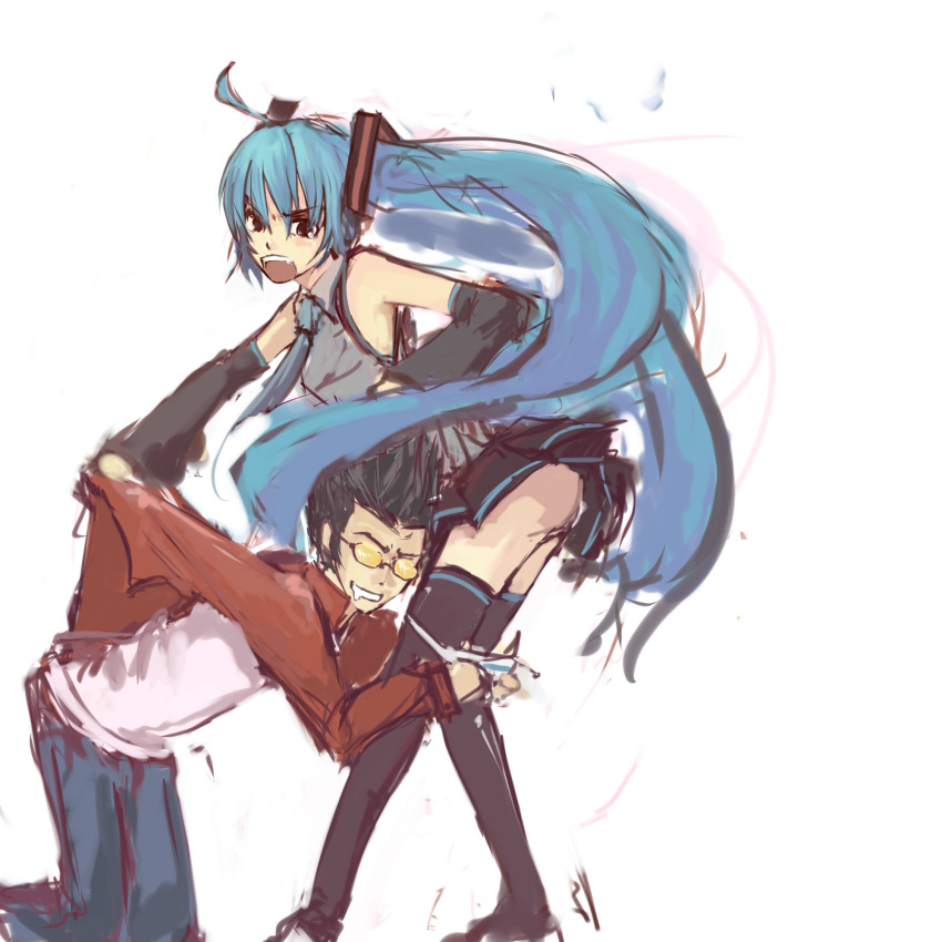 1girl, aqua_eyes, aqua_hair, black_hair, crossover, denim, detached_sleeves, drawfag