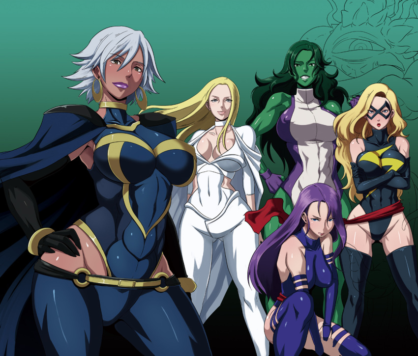 5girls, blonde_hair, breasts, butcha-u, cape, carol_danvers, carol_susan_jane_danvers, cleavage, dark_skin, domino_mask, earrings, emma_frost, green_hair, green_skin, grey_hair, huge_breasts, impossible_clothes, jennifer_walters, jewelry, large_breasts, lipstick, makeup, marvel, mask, md5_mismatch, ms._marvel, ms_marvel, multiple_girls, psylocke, purple_hair, sash, she-hulk, shuma_gorath, storm_(x-men), x-men