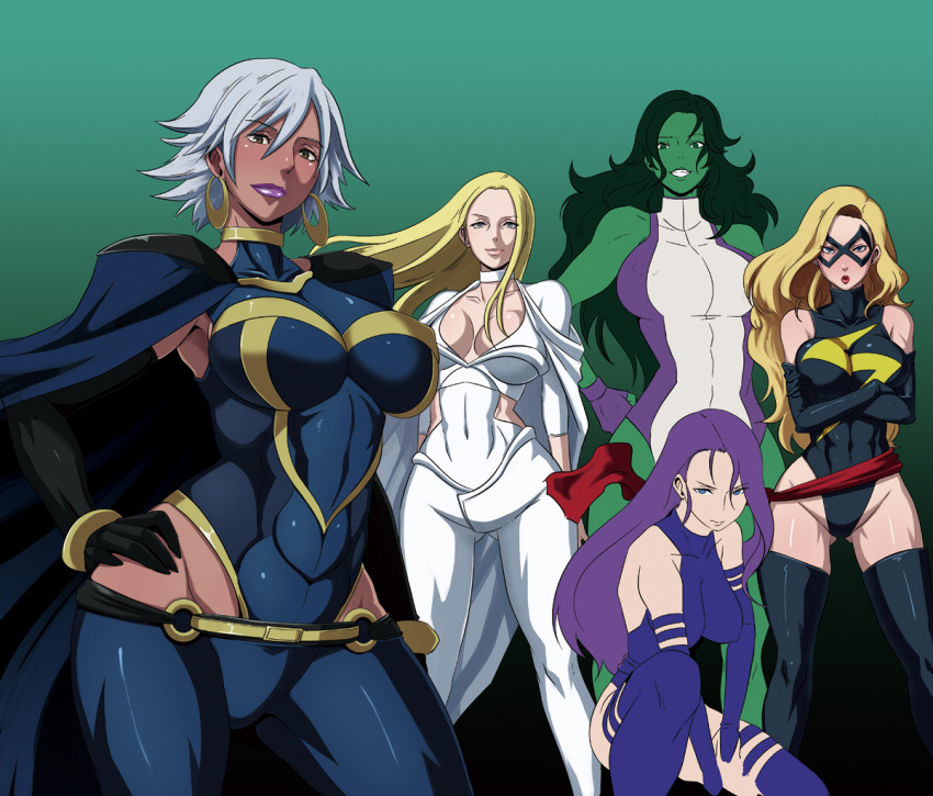 5girls, blonde_hair, breasts, butcha-u, cape, carol_danvers, cleavage, curvy