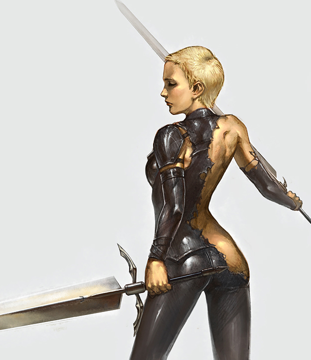1girl, blonde_hair, bodysuit, claymore, claymore_(sword), closed_eyes, deneve, detached_sleeves