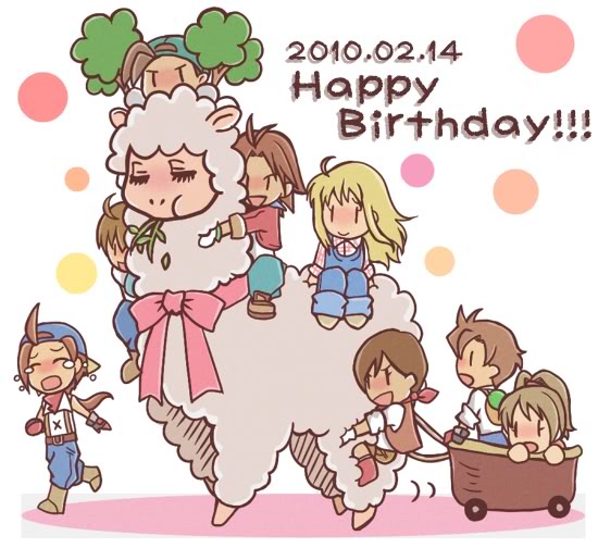 3boys, 3girls, ahoge, alpaca, blonde_hair, blush, bow, brown_hair, chewing, chibi, claire_(harvest_moon), closed_eyes, crying, dated, eating, happy_birthday, harvest_moon, hat, llama, long_hair, mark_(harvest_moon), multiple_boys, multiple_girls, open_mouth, pete_(harvest_moon), pony_(harvest_moon), ponytail, sara_(harvest_moon), short_hair, tears, tony_(harvest_moon), |_|