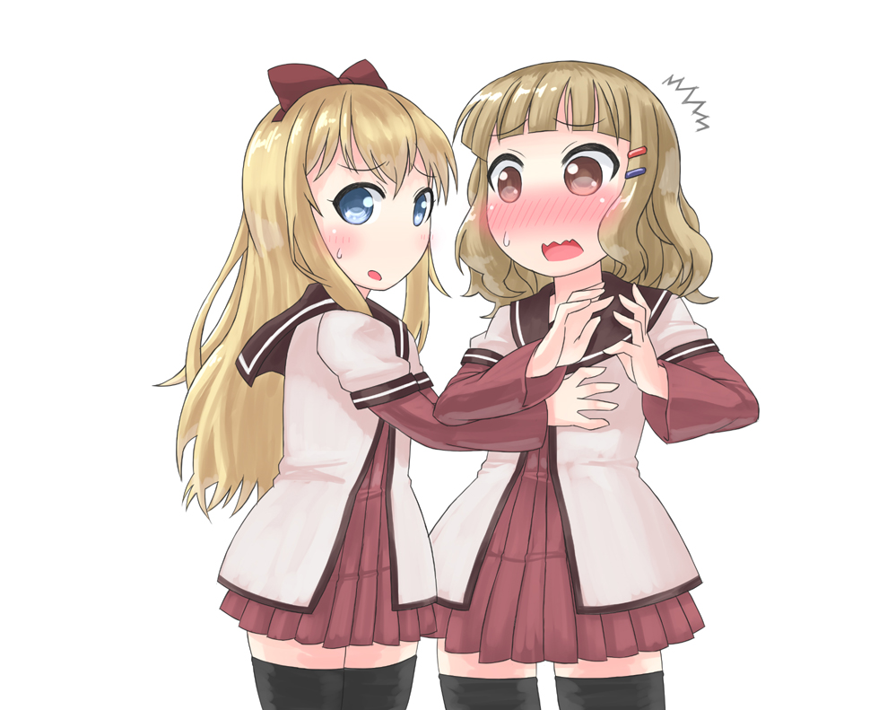 /\/\/\, 2girls, black_legwear, blonde_hair, blue_eyes, blush, bow, breast_grab, breasts, brown_eyes, grabbing, hair_bow, hair_ornament, hairclip, looking_at_viewer, multiple_girls, oomuro_sakurako, s_ibane, s_ibane2, school_uniform, serafuku, simple_background, thigh-highs, toshinou_kyouko, white_background, yuri, yuru_yuri, zettai_ryouiki