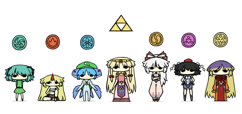 antennae, armor, arms_behind_back, black_hair, blonde_hair, blue_hair, bow, chibi, cosplay, crossed_arms, crossover, darunia, fujiwara_no_mokou, green_hair, hair_bow, hat, hijiri_byakuren, horn, hoshiguma_yuugi, impa, impa_(cosplay), kawashiro_nitori, key, kurokoori, long_hair, multicolored_hair, multiple_girls, nabooru, nabooru_(cosplay), parody, princess_ruto, princess_ruto_(cosplay), princess_zelda, princess_zelda_(cosplay), purple_hair, rauru, rauru_(cosplay), sarashi, saria, saria_(cosplay), shameimaru_aya, silver_hair, simple_background, sitting, the_legend_of_zelda, the_legend_of_zelda:_ocarina_of_time, tokin_hat, touhou, triforce, two-tone_hair, white_background, wide_face, wriggle_nightbug, yakumo_yukari