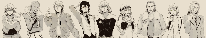 2girls, 6+boys, absurdres, antonio_lopez, bare_shoulders, barnaby_brooks_jr, beanie, blue_eyes, bomber_jacket, bow, brown_eyes, bruce_lee's_jumpsuit, cabbie_hat, crossed_arms, detached_sleeves, facial_hair, flower, formal, glasses, green_eyes, grey_eyes, hair_bow, hair_ornament, hairclip, hat, highres, hood, huang_baoling, ivan_karelin, jacket, jewelry, kaburagi_t_kotetsu, karina_lyle, keith_goodman, letterman_jacket, long_hair, long_image, multiple_boys, multiple_girls, nathan_seymour, necklace, necktie, nsk, origami, paper_crane, pink_eyes, ponytail, short_hair, thumbs_up, tiger_&amp;_bunny, vest, violet_eyes, waistcoat, wide_image, wink, yuri_petrov