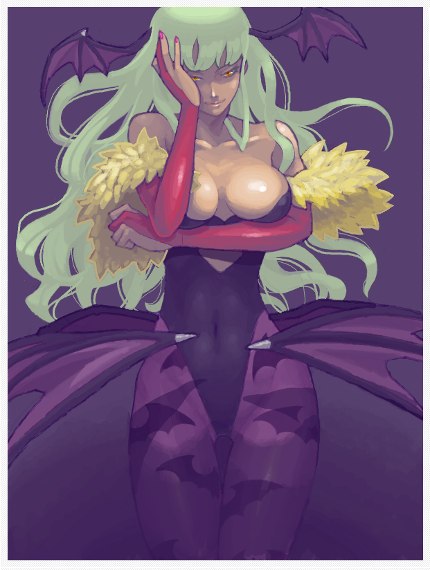 1girl, bare_shoulders, bat_print, bat_wings, breast_hold, breasts, bridal_gauntlets, capcom, crossed_arms, dark_skin, demon_girl, elbow_gloves, gloves, green_hair, hand_on_own_face, head_wings, large_breasts, legs, leotard, long_hair, morrigan_aensland, off_shoulder, ozawa_tomohiro, pantyhose, patterned_legwear, print_legwear, purple_legwear, solo, succubus, thigh_gap, thighs, vampire_(game), wings