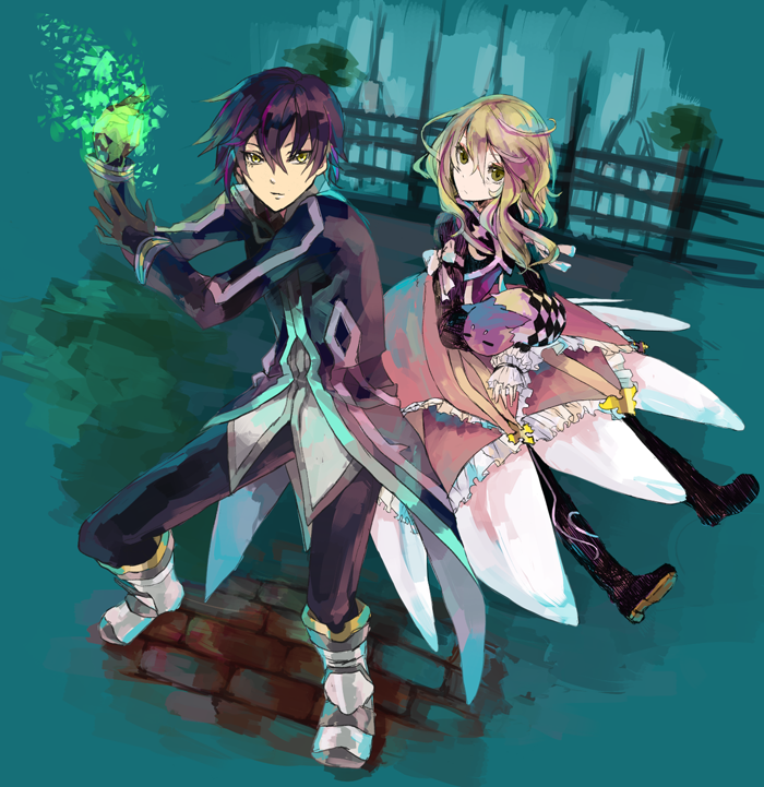 1boy, 1girl, black_hair, blonde_hair, boots, dress, elize_lutus, jude_mathis