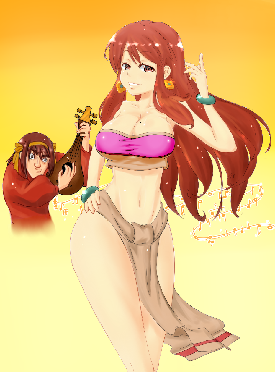 armpits, asahina_mikuru, bad_id, bandeau, bangle, bracelet, breasts, brown_eyes, brown_hair, chel_(cosplay), chel_(the_road_to_el_dorado), cleavage, drawfag, dreamworks, earrings, highres, instrument, jewelry, large_breasts, long_hair, magister_(bigbakunyuu), magister_(medical_whiskey), mandolin, miguel_(cosplay), miguel_(el_dorado), mole, mole_on_breast, musical_note, navel, parody, sarong, shirt, smile, strapless, suzumiya_haruhi, suzumiya_haruhi_no_yuuutsu, taut_clothes, taut_shirt, the_road_to_el_dorado, tubetop, wide_hips