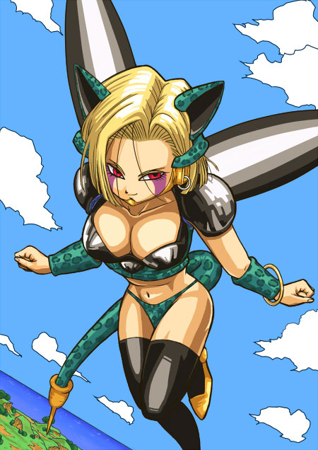 1girl, android_18, breasts, cell_(cosplay), cleavage, cosplay, dragon_ball, dragonball_z, large_breasts, smile, solo, stargeyser, tail