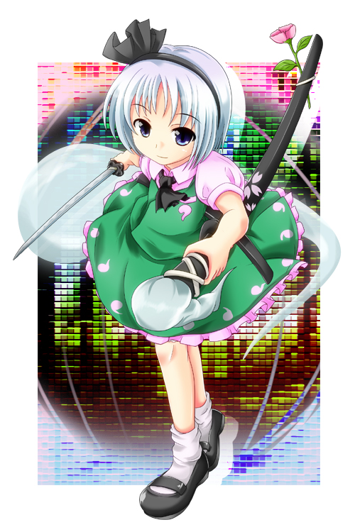 1girl, ascot, blue_eyes, female, flower, footwear, full_body, ghost, hair_ribbon, hairband, hitodama, katana, katari, konpaku_youmu, konpaku_youmu_(ghost), mary_janes, ribbon, scabbard, sheath, sheathed, shoes, silver_hair, skirt, socks, solo, sword, t.o.d, touhou, vest, weapon, white_legwear