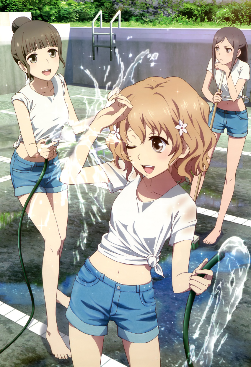 3girls, :d, ;d, absurdres, barefoot, broom, brown_eyes, brown_hair
