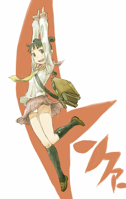 1girl, arms_up, bag, black_eyes, black_hair, character_request, double_bun, kneehighs, necktie, neji_tsuko, original, panties, school_uniform, serafuku, short_hair, smile, solo, underwear