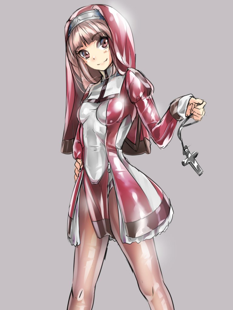 1girl, brown_hair, cross, fumi11gou, grey_background, habit, hand_on_hip, juliet_sleeves
