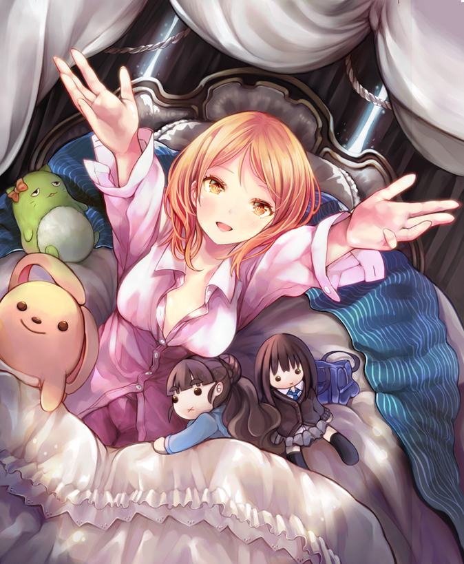 1girl, blush, breasts, brown_eyes, brown_hair, character_doll, curtains, heri