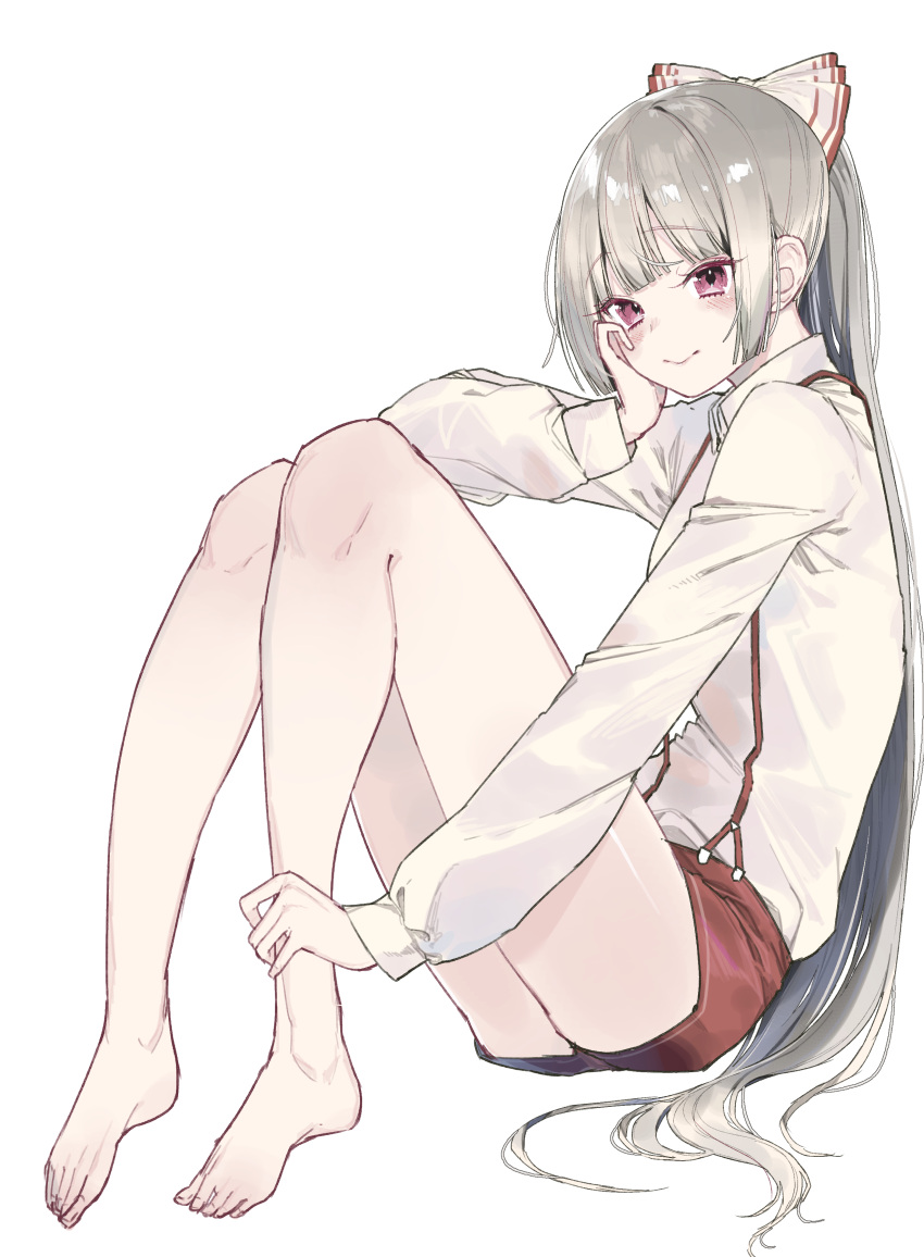 1girl, absurdres, albino, bangs, bare_legs, barefoot, blunt_bangs, blush, bow, collared_shirt, dress_shirt, fujiwara_no_mokou, full_body, hair_bow, hand_on_leg, hand_on_own_cheek, highres, hime_cut, kayahara_(kayaka), long_hair, long_sleeves, looking_at_viewer, pink_eyes, ponytail, red_shorts, shirt, short_shorts, shorts, sidelocks, silver_hair, simple_background, smile, solo, suspenders, touhou, very_long_hair, white_background, white_shirt, white_skin