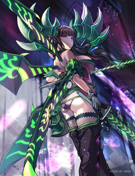 1girl, armor, ass, bangs, bare_shoulders, belt, black_gloves, black_hair