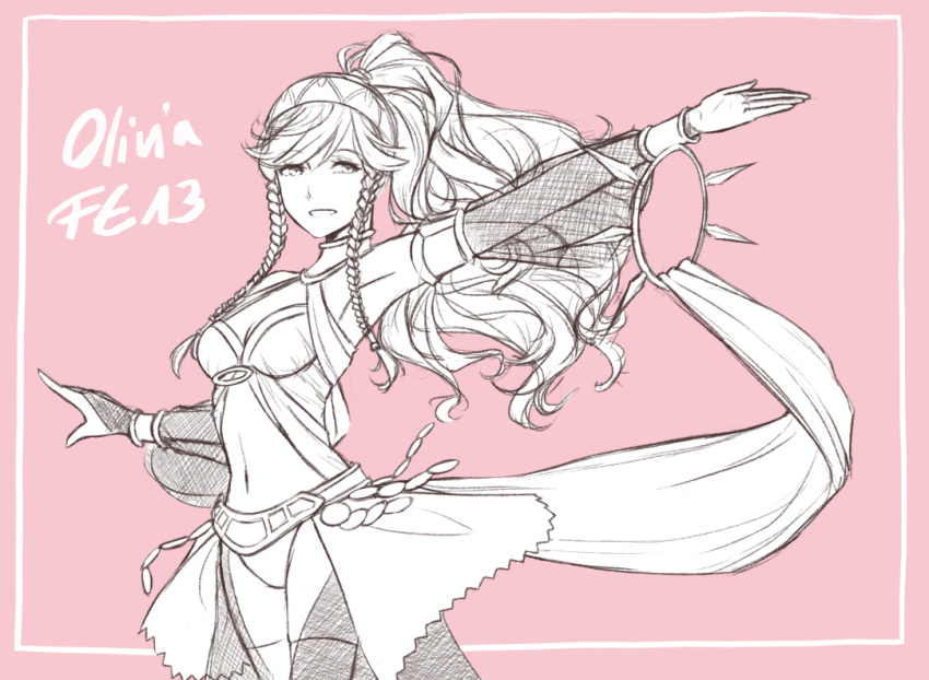 1girl, breasts, dancing, female, fire_emblem, fire_emblem:_kakusei, lithety, monochrome, navel, olivia_(fire_emblem), solo