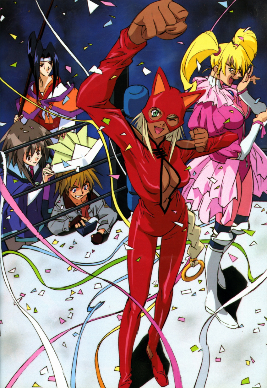 2boys, 3girls, aisha_clanclan, animal_ears, aqua_eyes, black_hair, blonde_hair, blue_eyes, braid, breasts, brown_eyes, brown_hair, cat_ears, cleavage, cleavage_cutout, confetti, crossdressing, crossdressinging, dark_skin, fang, gene_starwind, green_eyes, hat, highres, james_hawking, jewelry, laughing, long_hair, melfina, navel, official_art, open_mouth, origami, outlaw_star, pointy_ears, ponytail, ring, short_hair, silver_hair, single_braid, twilight_suzuka, twintails, wink, wrestler