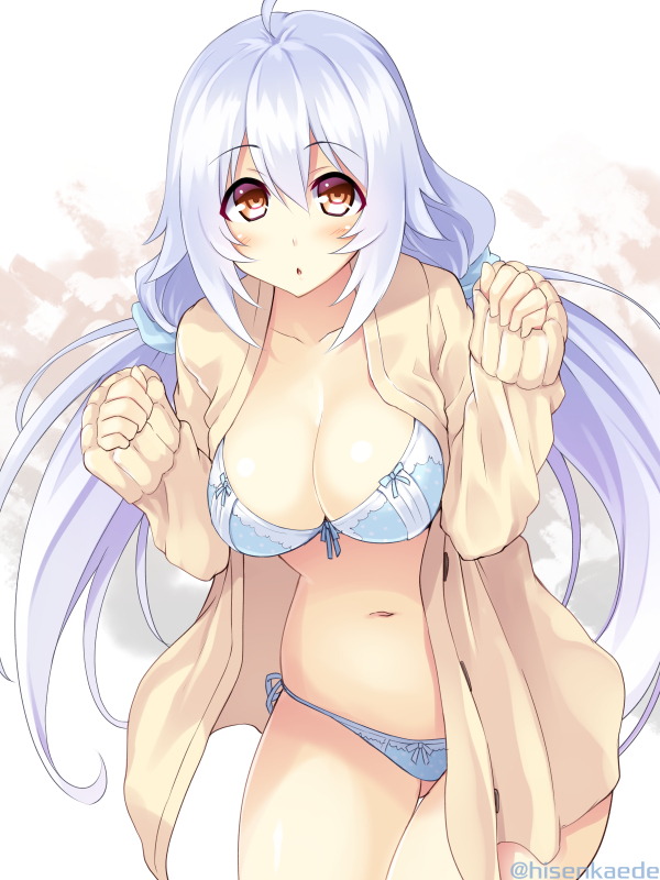 1girl, :o, animal_ears, bangs, bikini, bikini_under_clothes, blue_bikini, blue_bow
