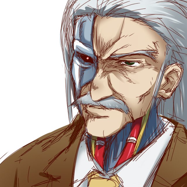 1boy, cyborg, eitaisa, erich_(seihou), facial_hair, green_eyes, mustache, necktie