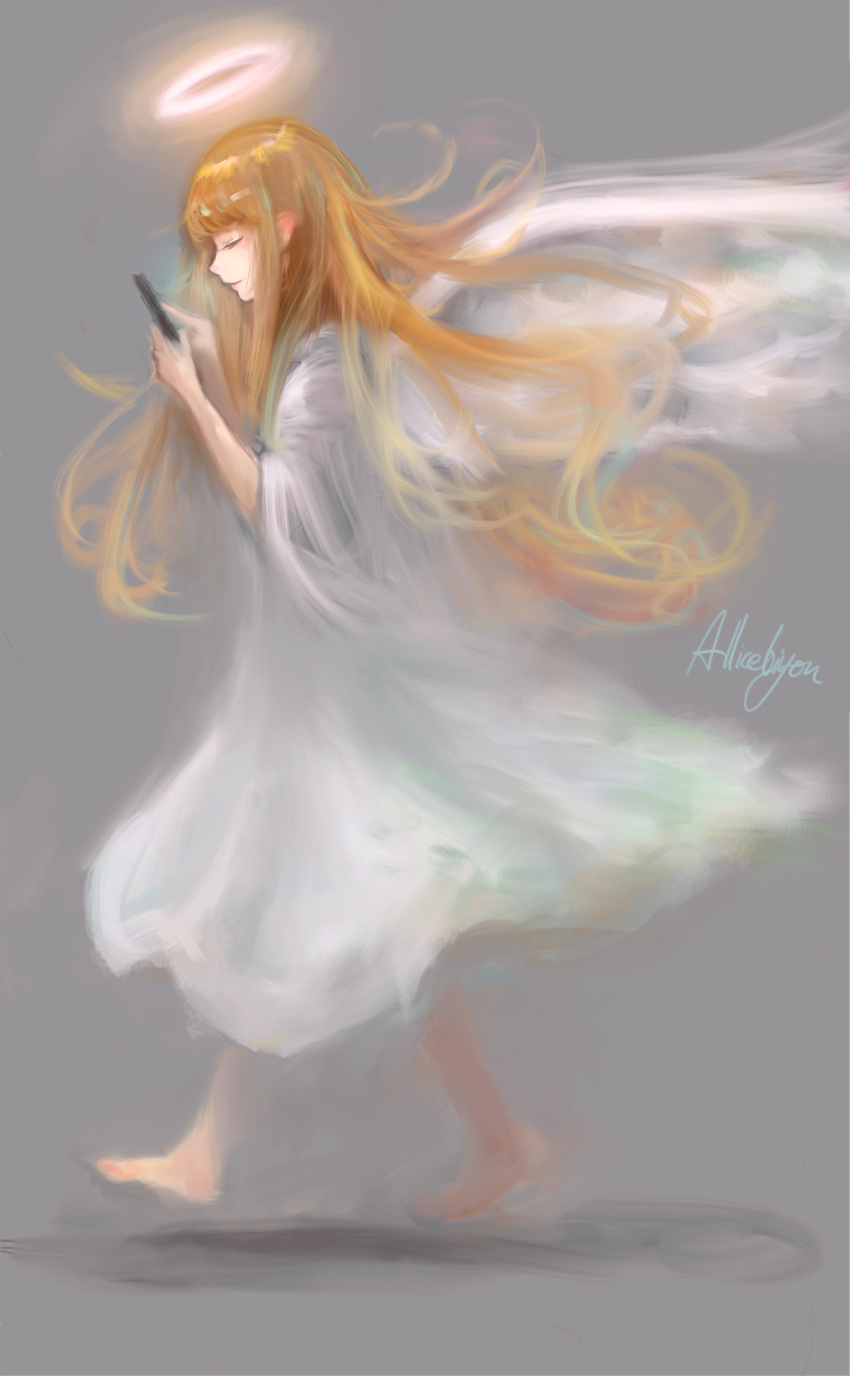 1girl, absurdres, angel, arise_(allicenogalca), artist_name, bangs, barefoot, blonde_hair, blunt_bangs, cellphone, closed_eyes, closed_mouth, commentary_request, dress, from_side, full_body, grey_background, halo, highres, holding, holding_phone, long_hair, original, phone, profile, signature, simple_background, sketch, smartphone, smile, solo, very_long_hair, walking, white_dress, white_wings, wings