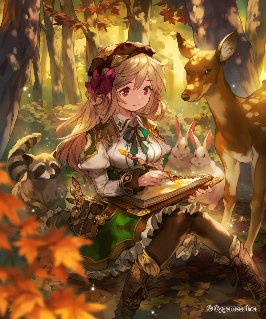 1girl, ankle_boots, autumn, beret, black_legwear, blurry, boots, braid, breasts, brown_boots, brown_hair, character_request, closed_mouth, collared_shirt, company_name, day, deer, depth_of_field, eyebrows, eyebrows_visible_through_hair, forest, green_ribbon, green_skirt, hair_between_eyes, hair_ribbon, hat, high-waist_skirt, highres, holding_paintbrush, juliet_sleeves, knees_together_feet_apart, lee_hyeseung, long_hair, long_sleeves, looking_at_another, maroon_bow, medium_breasts, nature, neck_ribbon, on_ground, outdoors, painting, pantyhose, pink_eyes, puffy_sleeves, rabbit, raccoon, ribbon, shingeki_no_bahamut, shirt, sitting, sketchbook, skirt, smile, tree, watermark, white_shirt, wing_collar