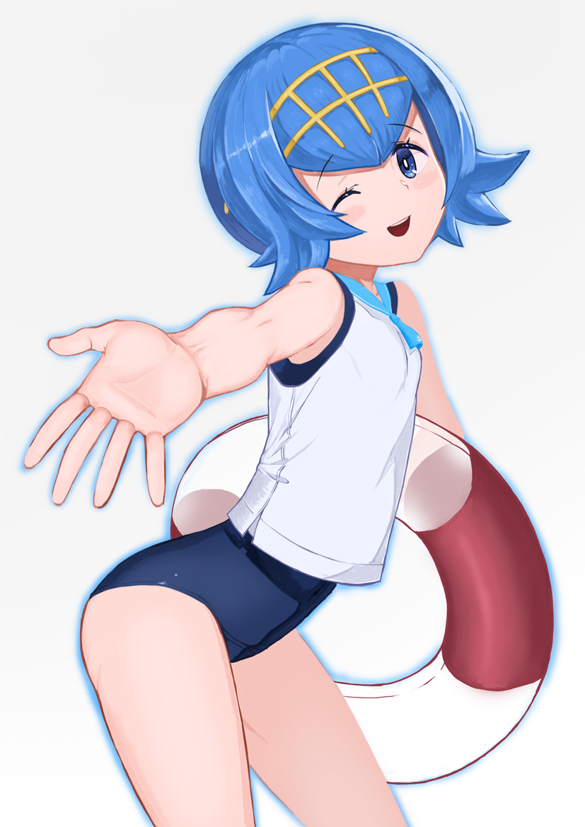 1girl, ;d, blue_eyes, blue_hair, blush, bright_pupils, hairband, innertube