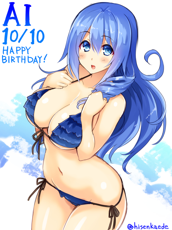 1girl, bikini, blue_bikini, blue_eyes, blue_hair, blush, breasts, character_name