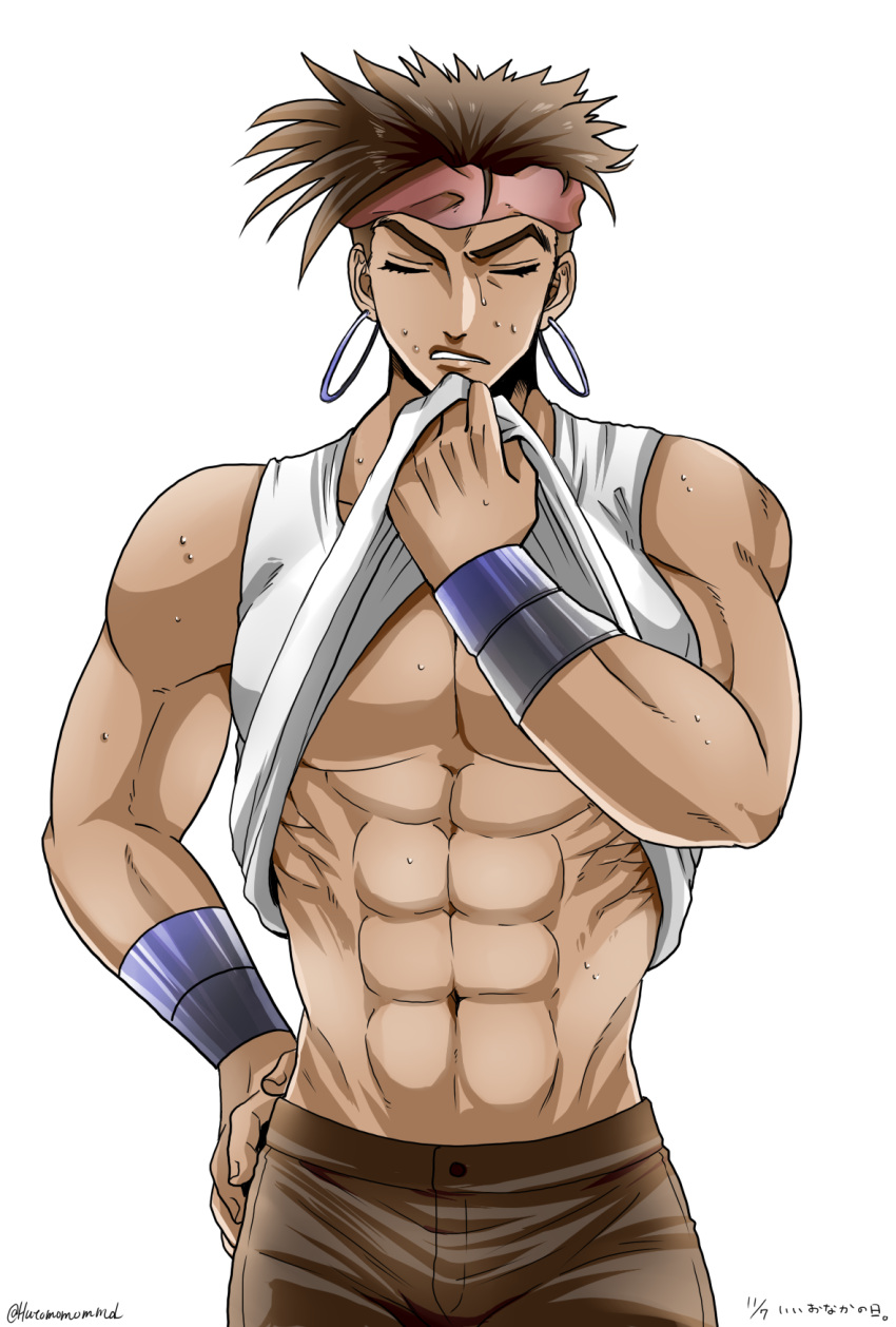 1boy, abs, brown_hair, closed_eyes, dated, earrings, hand_on_hip, headband
