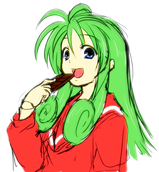 1girl, blue_eyes, chocolate, chu_(artist), doll_joints, female, flat_color, green_hair, hinano_(trouble_chocolate), long_hair, open_mouth, sailor_collar, school_uniform, serafuku, smile, solo, trouble_chocolate, uniform, upper_body, white_background