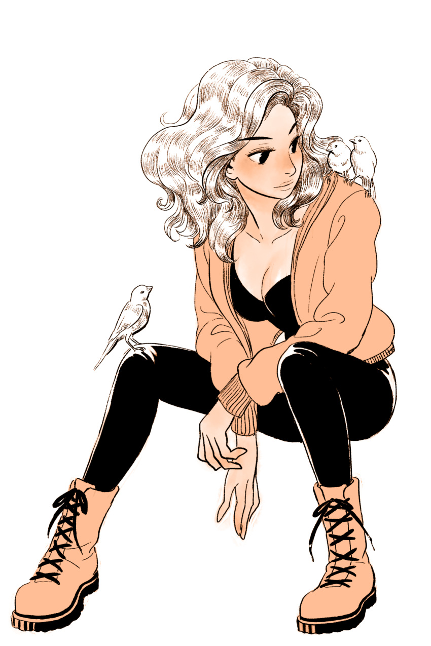 1girl, animal, animal_on_shoulder, bird, bird_on_shoulder, black_canary, black_eyes, boots