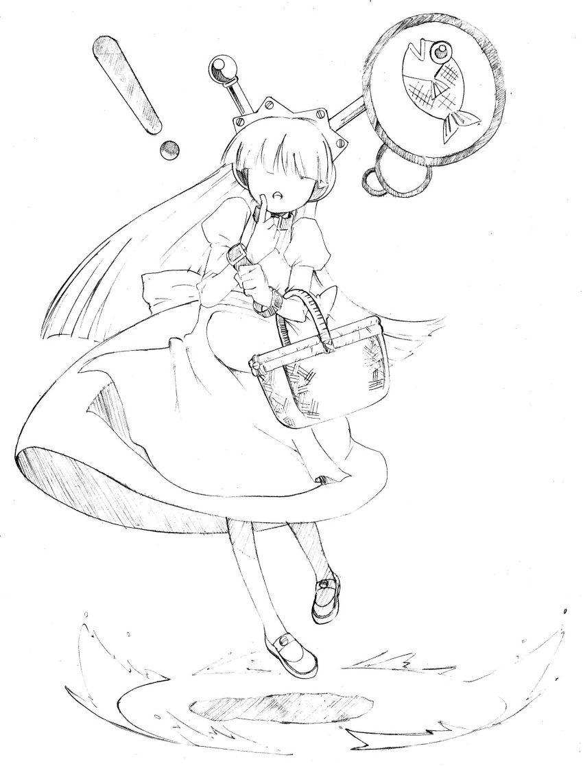 apron, basket, collar, finger_to_face, floating, hair_over_eyes, highres, lineart
