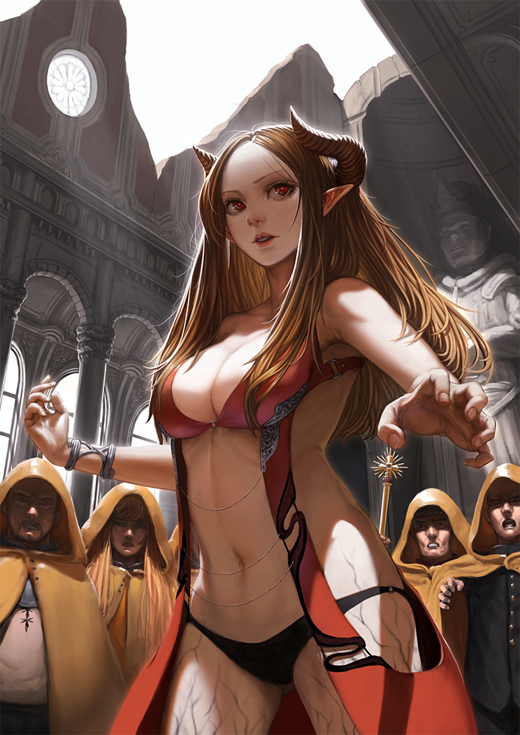 1girl, 6+boys, banajune, brown_hair, demon_girl, horns, lips, long_hair