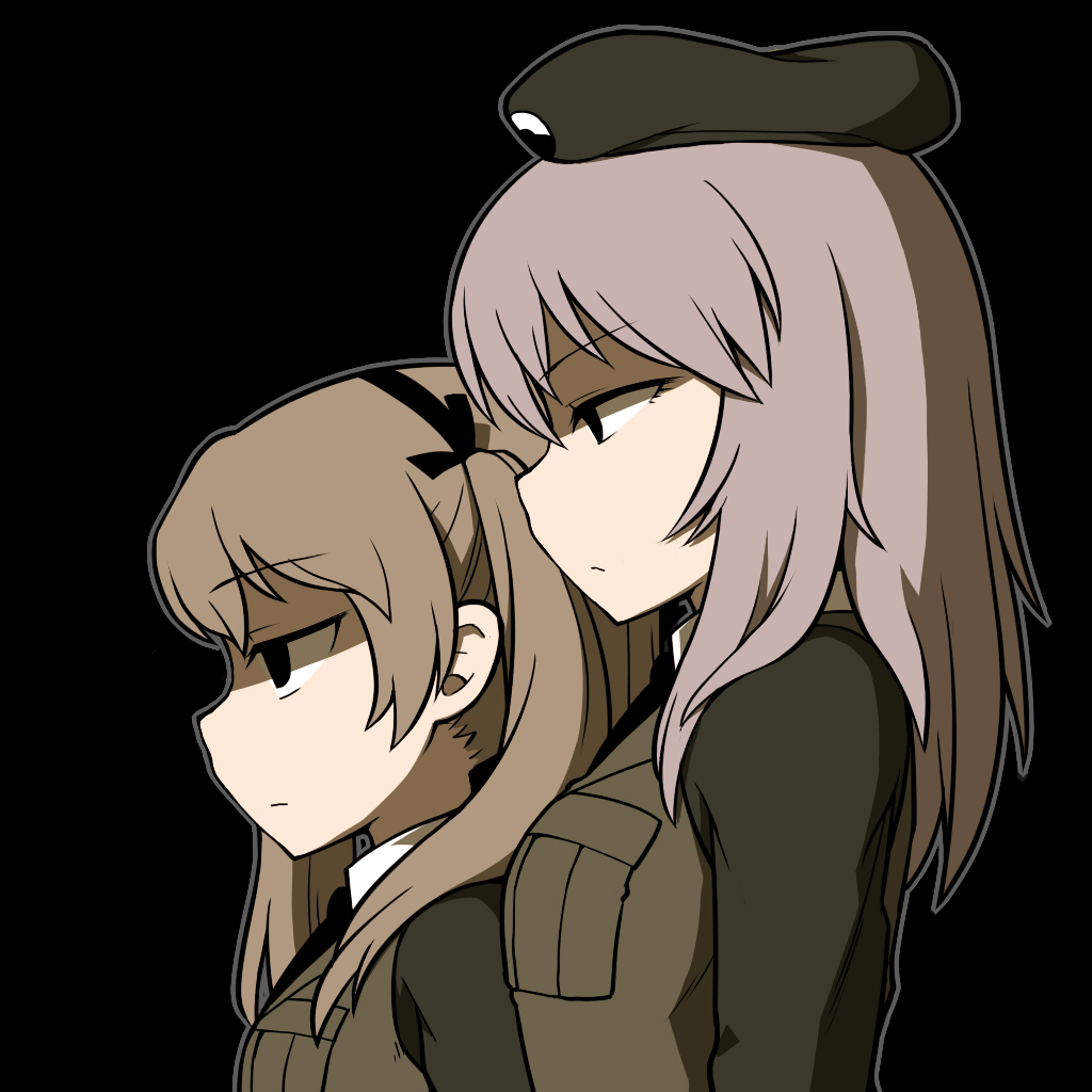 2girls, black_background, black_ribbon, brown_hair, chintai_(mansyontintai), commentary_request, empty_eyes, eyebrows