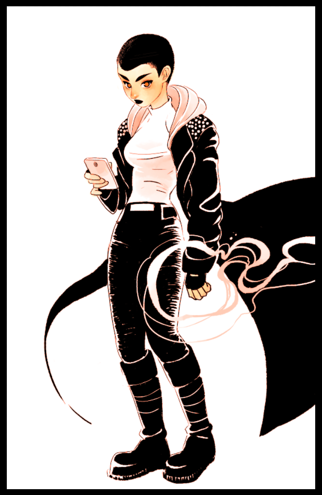 1girl, black_boots, black_border, black_hair, black_lipstick, boots, border, breasts, cellphone, coat, deadpool_(movie), fingerless_gloves, full_body, gloves, jisoo_kim, lipstick, makeup, medium_breasts, negasonic_teenage_warhead, orange_eyes, phone, short_hair, smartphone, solo, turtleneck, very_short_hair