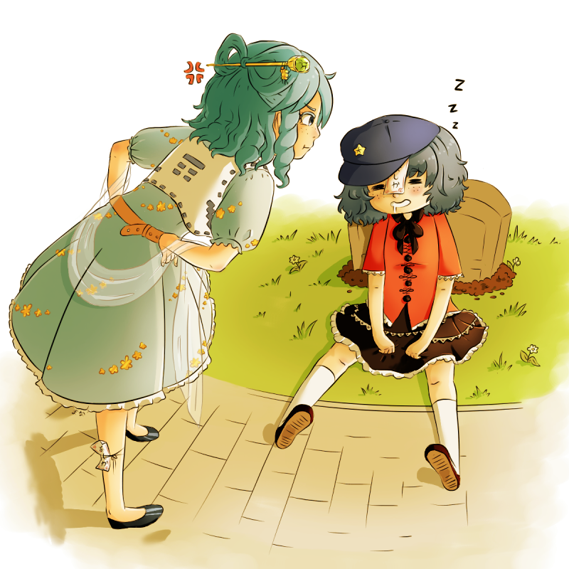 2girls, anger_vein, angry, belt, black_skirt, blue_eyes, blue_hair, closed_eyes