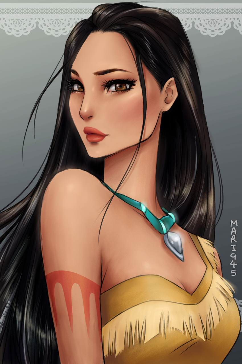 1girl, absurdres, artist_name, black_hair, blush, breasts, brown_eyes, cleavage