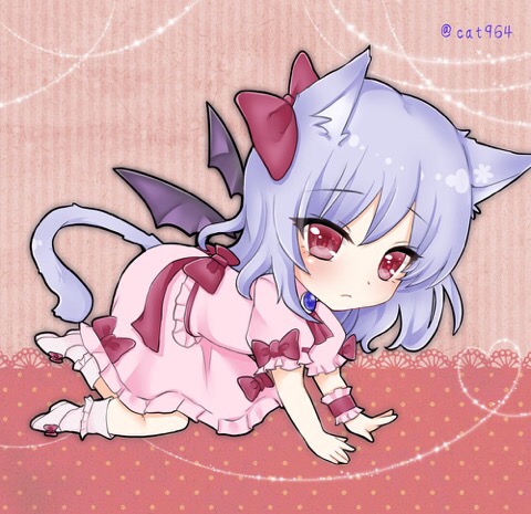 1girl, all_fours, animal_ears, ascot, bat_wings, blue_hair, bow, brooch