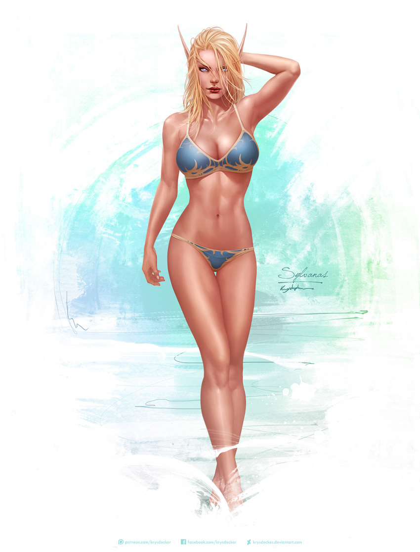1girl, bikini, blonde_hair, blue_eyes, breasts, character_name, cleavage, elf