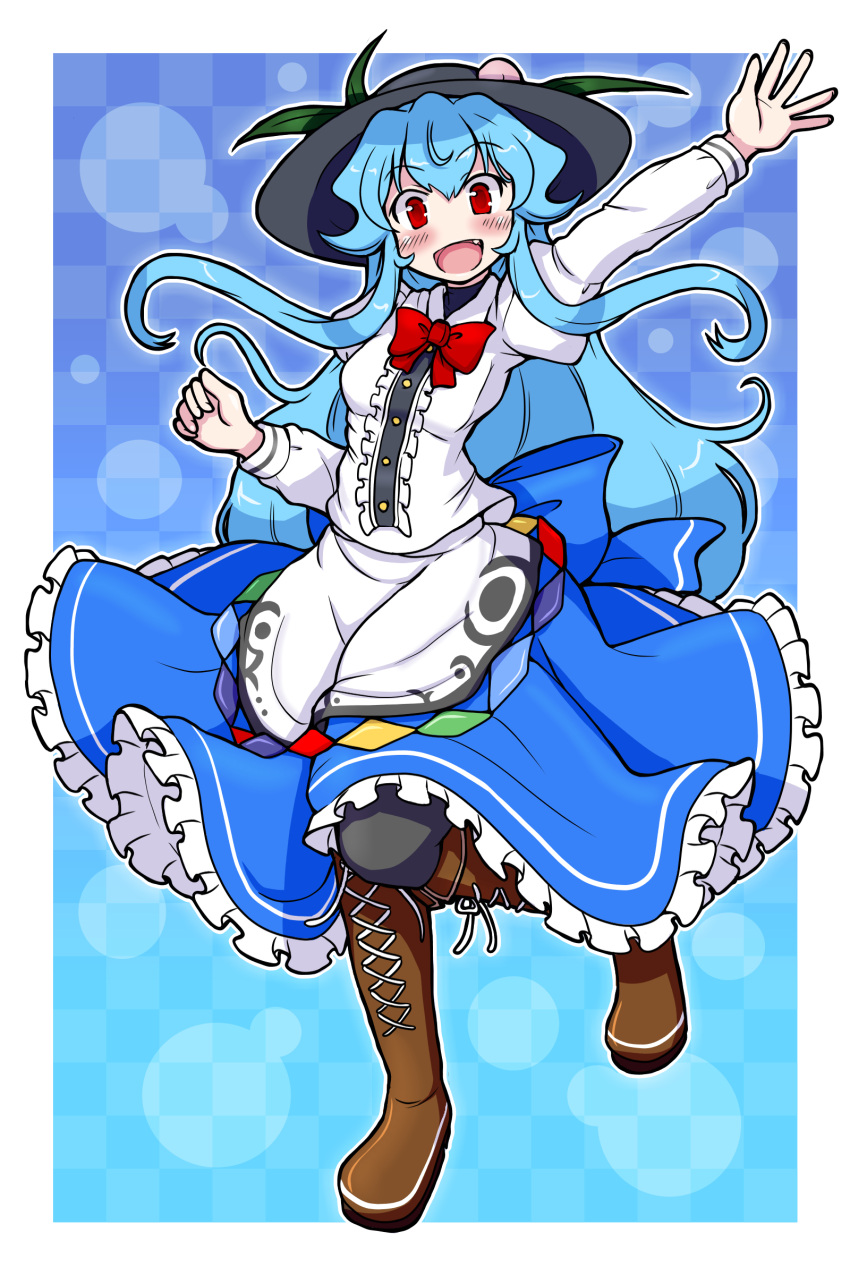 1girl, :d, absurdres, bangs, black_legwear, blue_hair, blush, boots