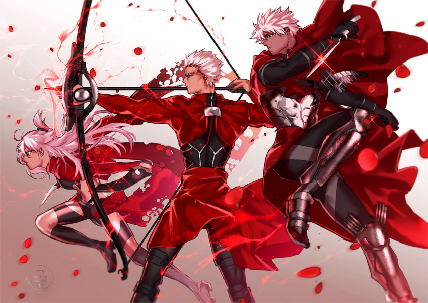 1girl, 2boys, archer, archery, armor, arrow, battle, bow_(weapon)