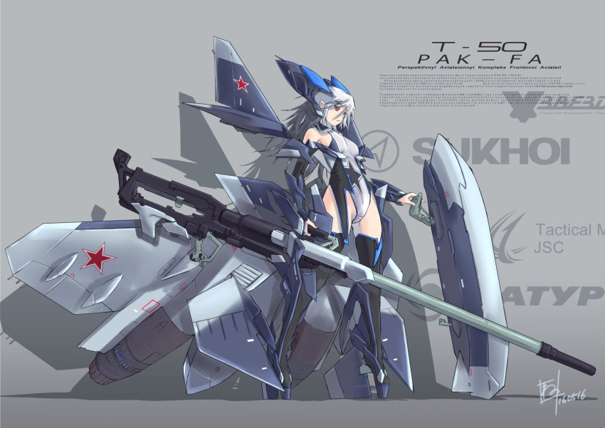 1girl, artist_name, boots, commentary_request, elbow_gloves, emblem, gloves, grey_background, highres, leotard, long_hair, looking_at_viewer, mecha_musume, nenchi, original, red_eyes, roundel, signature, silver_hair, solo, standing, t-50, thigh-highs, thigh_boots