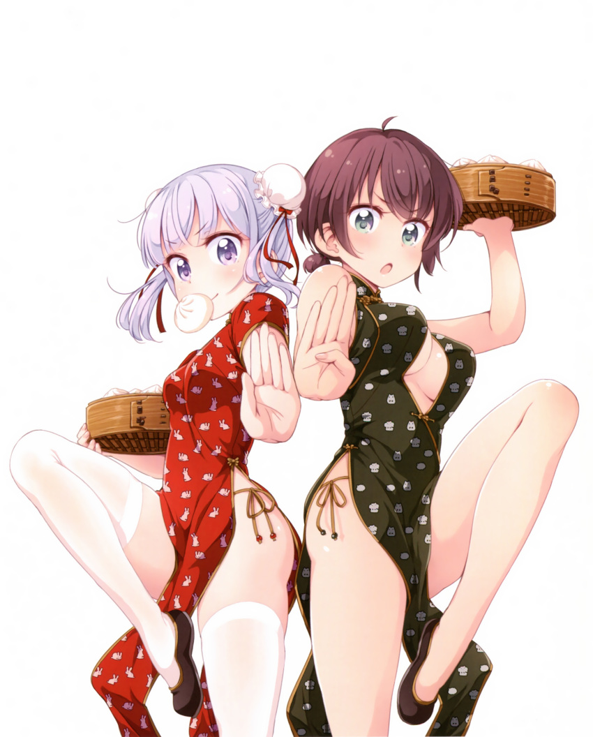 2girls, absurdres, bare_hips, bare_legs, bare_shoulders, breasts, brown_hair, center_opening